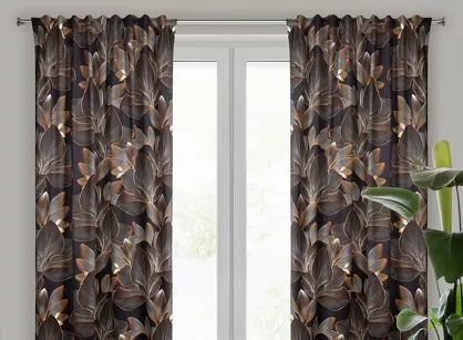 Zasłona na taśmie 140x270 LARISA welwetowa czarna z wzorem pomarańczowych botanicznych liści efekt 3D