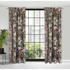 Zasłona gotowa na taśmie 140x270 LARISA welwetowa czarna z wzorem pomarańczowych botanicznych liści efekt 3D