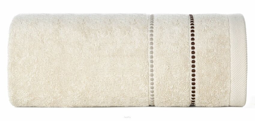 Ręcznik 70x140 SUZI beżowy z kontrastującą stebnowaną bordiurą w delikatne paseczki 500 g/m2