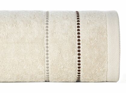 Ręcznik 70x140 SUZI beżowy z kontrastującą stebnowaną bordiurą w delikatne paseczki 500 g/m2