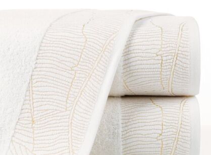 Ręcznik bawełniany 70x140 METALIC kremowy z bordiurą z wzorem liści bananowca i złotą nicią