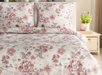 Pościel satynowa 220x200 SPRING 42 beżowa w pudrowy wzór kwiatów