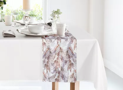 Obrus 140x260 z bieżnikiem 33x260 ANITA 4 biały z wzorem trawy pampasowej