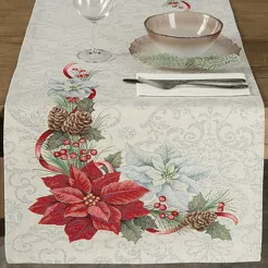 Bieżnik świąteczny 50x110 1198 gobelinowy srebrzysty z gwiazdką betlejemską i połyskującą srebrną nicią