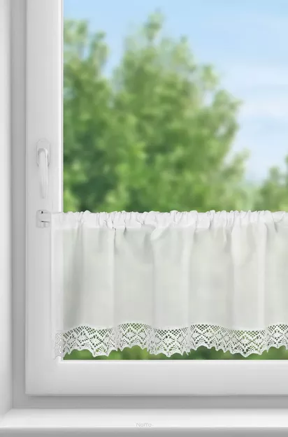 Zazdrostka gotowa w tunelu 150x30 CLARIE biała z bawełny zdobiona koronką