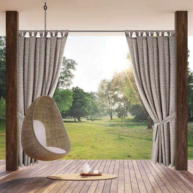 Zasłona na taras 155x220 GARDEN 10 brązowa na szelkach zapinanymi na rzepy wodoodporna z melanżowym wzoremZasłona na taras 155x220 GARDEN 10 brązowa na szelkach zapinanymi na rzepy wodoodporna z melanżowym wzorem