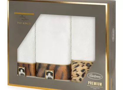 Komplet ręczników EVA 23 Eva Minge kremowe z drukowaną bordiurą z wzorem zwierzęcym