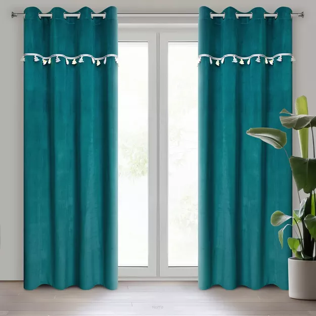 Zasłona na przelotkach 140x250 KIDS 1 ciemny turkus zdobiona taśmą dekoracyjną w wiszące słoniki