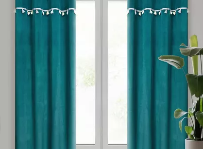 Zasłona na przelotkach 140x250 KIDS 1 ciemny turkus zdobiona taśmą dekoracyjną w wiszące słoniki