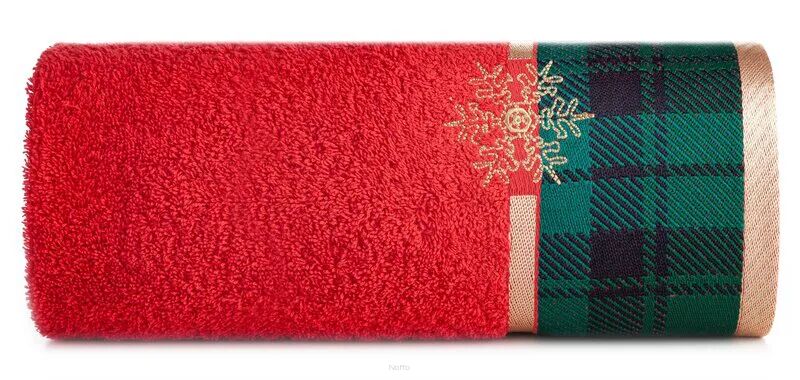 Ręcznik świąteczny 70x140 CHERRY 1A czerwony ze złotą bordiurą i kratką z wyhaftowaną gwiazdką złotą