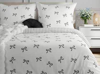 Pościel satynowa 140x200 RAYA 5 biała czarna w kokardki