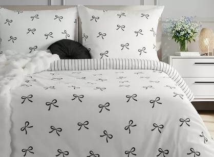 Pościel satynowa 140x200 RAYA 5 biała czarna w kokardki