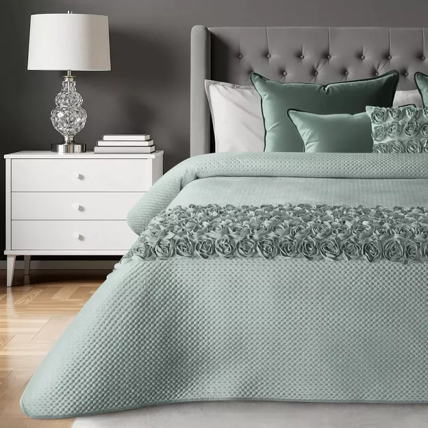 Narzuta welwetowa 220x240 ROSES Eva Minge miętowa z pasem róż 3D