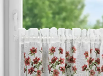 Zazdrostka gotowa w tunelu 150x30 ISA biała z etaminy zdobiona koronką z nadrukiem kwiatowym