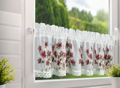 Zazdrostka gotowa w tunelu 150x30 ISA biała z etaminy zdobiona koronką z nadrukiem kwiatowym