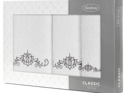 Komplet ręczników 3 szt. LILIANA białe z haftowanym grafitowym wzorem kwiatu lilii wodnej w kartonowym pudełku