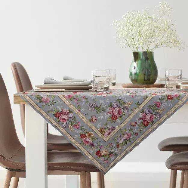 Nakładka gobelinowa 100x100 4088 popielata różowa wzór kwiatu wiśni