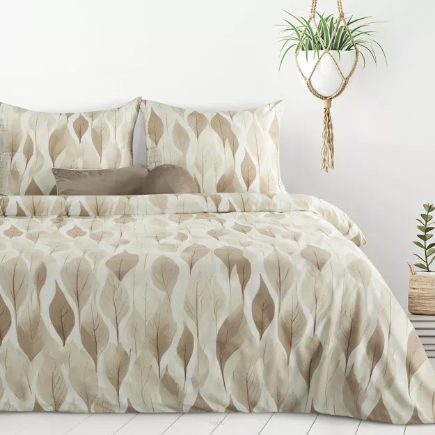 Pościel z mikrowłókna 160x200 DAFNE biała brązowa wzór liści Design 91