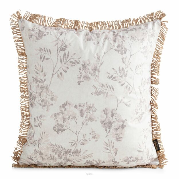 Poszewka na taras 45x45 GARDEN 21 kremowa wodoodporna z motywem roślinnym z frędzlami