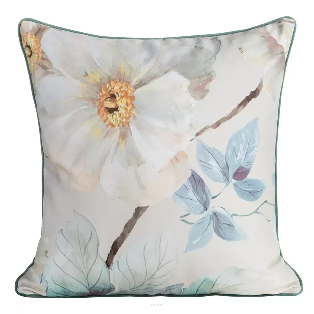 Poszewka welwetowa 60x60 ALINE niebieska z wzorem pastelowych kwiatów obszyta lamówką z kolekcji Premium