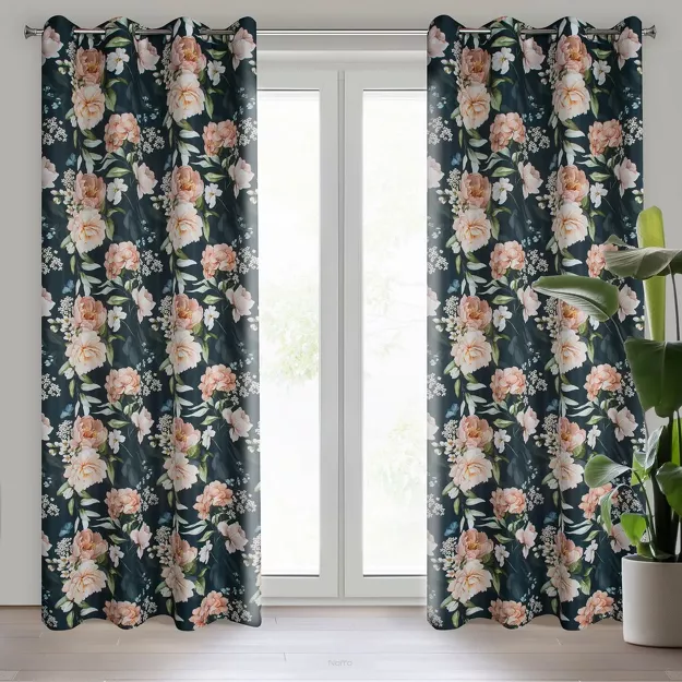 Zasłona na przelotkach 140x270 SALMA czarna różowa z nadrukiem róż