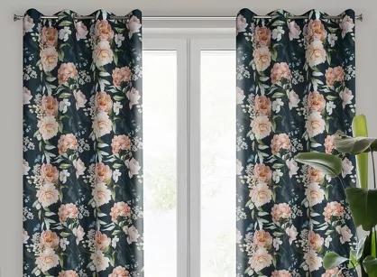 Zasłona na przelotkach 140x270 SALMA czarna różowa z nadrukiem róż