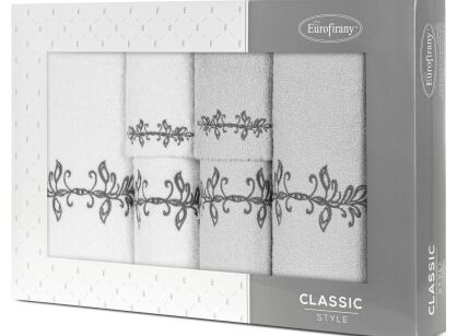 Komplet ręczników 6 szt. KAMELIA białe srebrne z haftowanym wzorem delikatnych listków w kartonowym pudełku