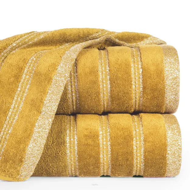 Ręcznik bawełniany 30x50 GLORY 1 musztardowy z welurową bordiurą i srebrną nicią