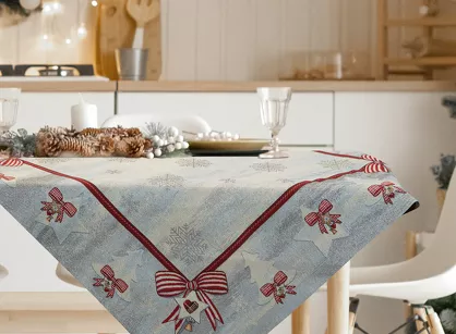 Obrus świąteczny 140x180 4067 gobelinowy popielaty z czerwonymi kokardkami i połyskującą srebrną nicią