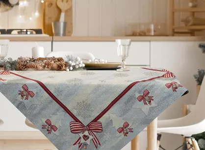 Obrus świąteczny 140x180 4067 gobelinowy popielaty z czerwonymi kokardkami i połyskującą srebrną nicią