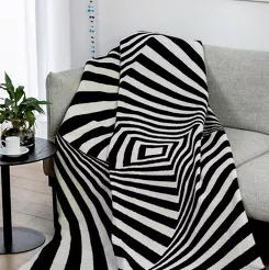 Koc bawełniany 150x200 1707-1 biały czarny efekt 3D wykończony szydełkiem