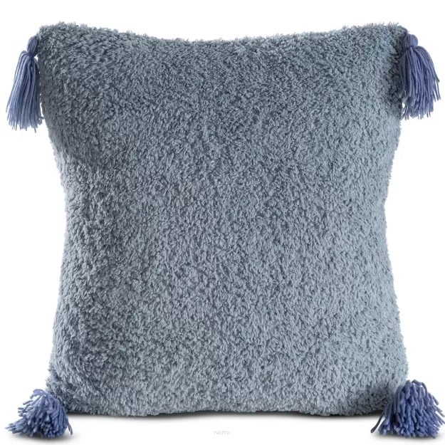Poszewka futrzana 45x45 ELDA 4 niebieska z pomponami