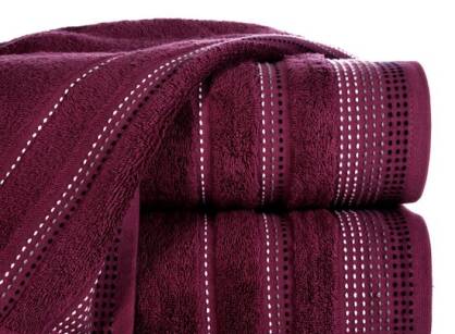 Ręcznik bawełniany 50x90 POLA w kolorze bakłażanu z kolorową bordiurą zakończoną stebnowaniem