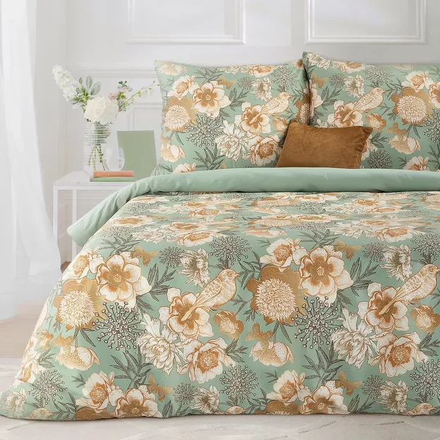 Pościel z mikrowłókna 160x200 HOME 2 miętowa z nadrukiem botanicznym