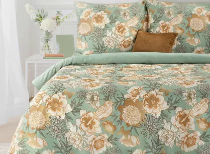 Pościel z mikrowłókna 160x200 HOME 2 miętowa z nadrukiem botanicznym