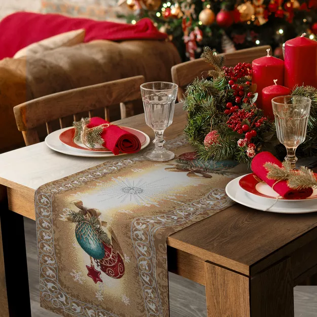 Bieżnik świąteczny 45x140 4069 gobelinowy beżowy z bombkami i połyskującą nicią złotą