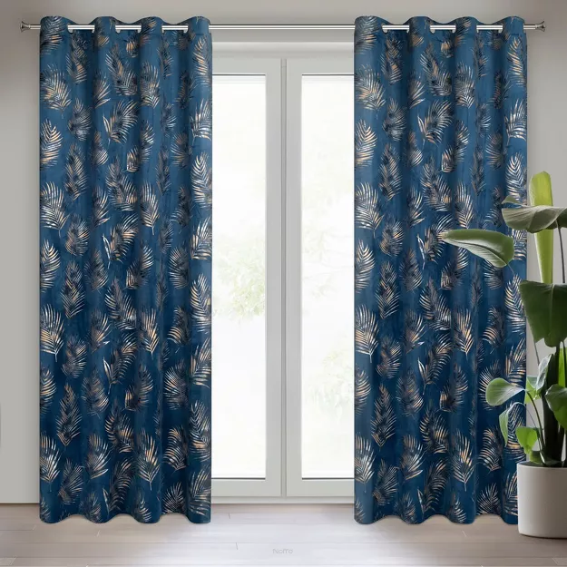 Zasłona na przelotkach 140x250 GLORIA 2 welwetowa granatowa z szampańskim nadrukiem liści