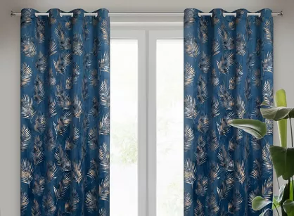 Zasłona na przelotkach 140x250 GLORIA 2 welwetowa granatowa z szampańskim nadrukiem liści