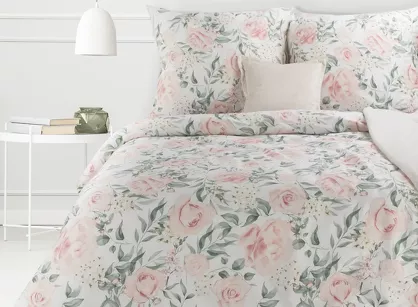 Pościel satynowa 220x200 SPRING 13 biała z wzorem pudrowych kwiatów róż z kolekcji Classic