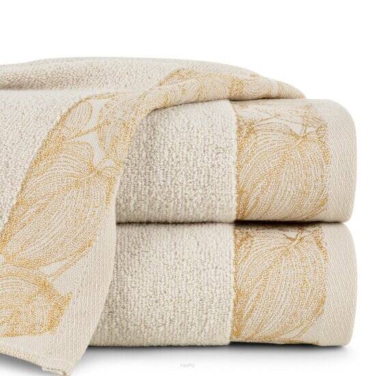 Ręcznik bawełniany 70x140 AGIS beżowy puszysty z żakardową bordiurą liści lilii wodnej