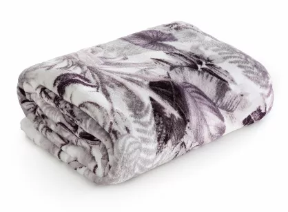 Koc typu flano 150x200 DAVOS 2 biały z nadrukiem fioletowych egzotycznych liści