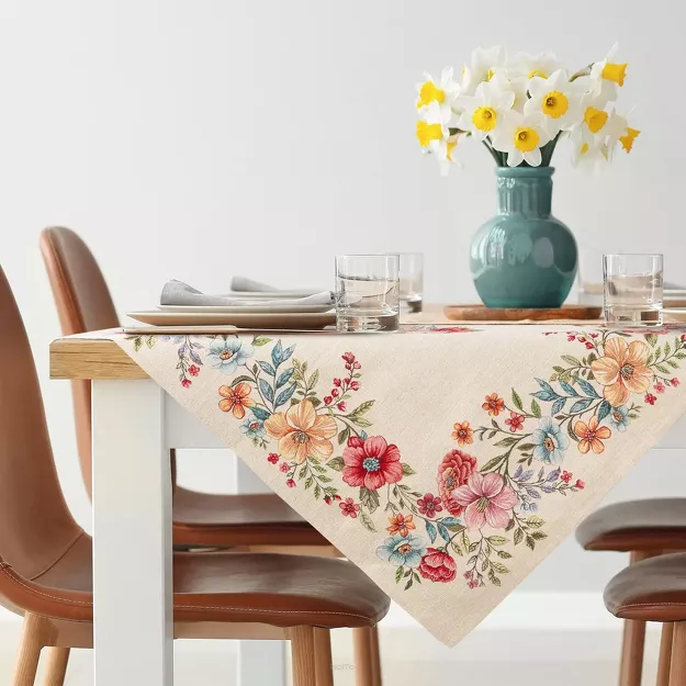 Nakładka gobelinowa 100x100 1413 naturalna z nadrukiem kolorowych kwiatów