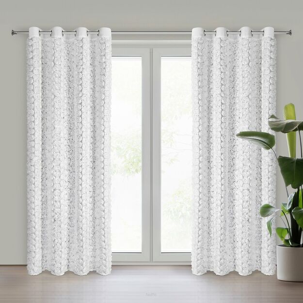 Firana na przelotkach 140x250 ROSES 6 Eva Minge biała z szyfonu aplikacja róż 3D