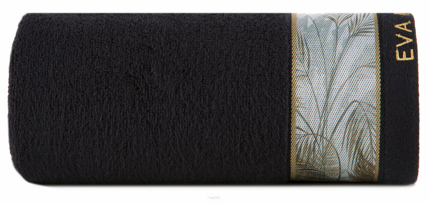 Ręcznik 30x50 EVA 17 Eva Minge czarny zdobiony bordiurą z botanicznym wzorem w liście z kolekcji Premium 500 g/m2