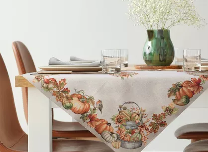 Obrus gobelinowy 140x180 1223 naturalny z nadrukiem pomarańczowych dyni