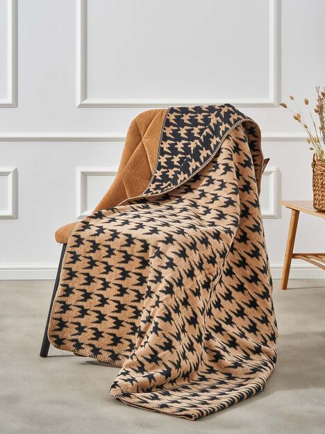 Koc bawełniany 150x200 2142-2 beżowy brązowy pepitka wykończony szydełkiem