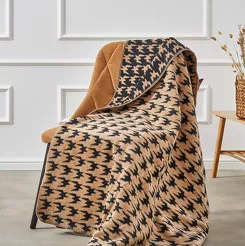 Koc bawełniany 150x200 2142-2 beżowy brązowy pepitka wykończony szydełkiem