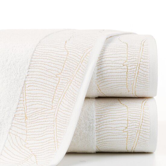 Ręcznik bawełniany 50x90 METALIC kremowy z bordiurą z wzorem liści bananowca i złotą nicią