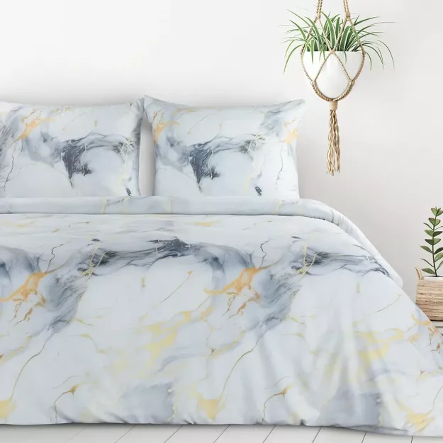 Pościel z mikrowłókna 140x200 VERANO 12 biała stalowa złoty wzór marmurkowy Design 91