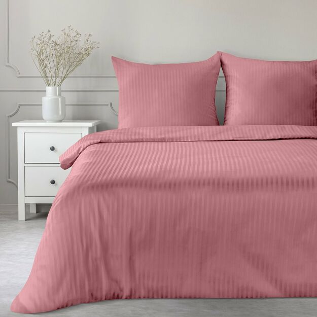 Pościel satynowa 220x200 VERA jednokolorowa gładka różowa w prążki